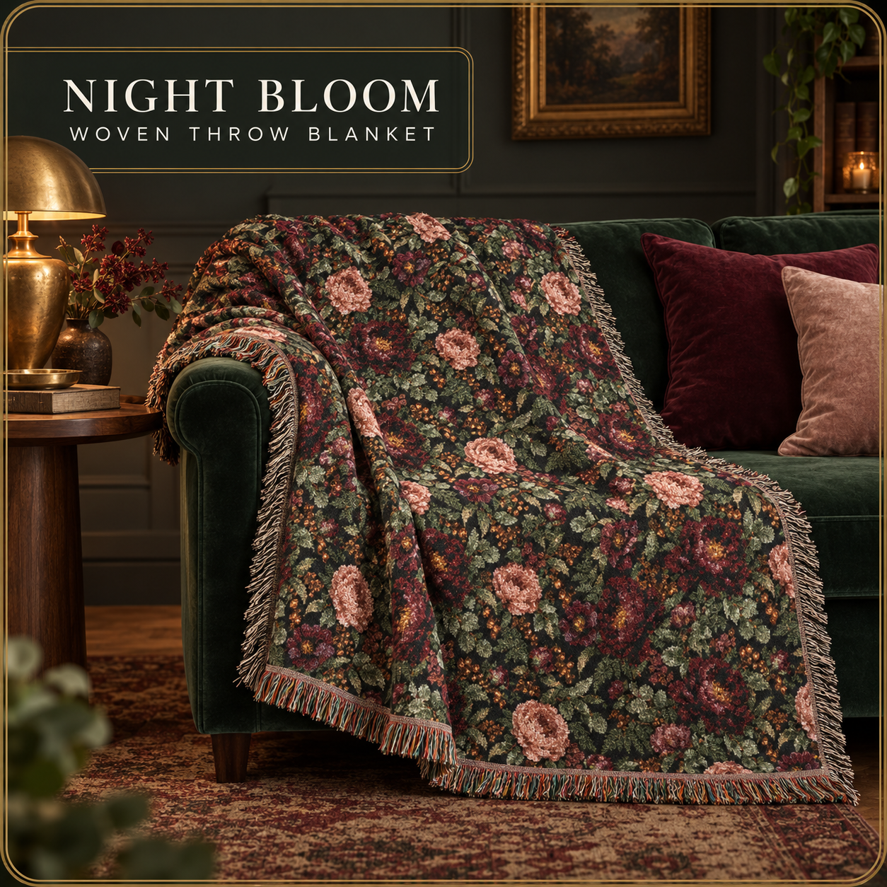 Night Bloom · Woven Throw displayed in a styled interior