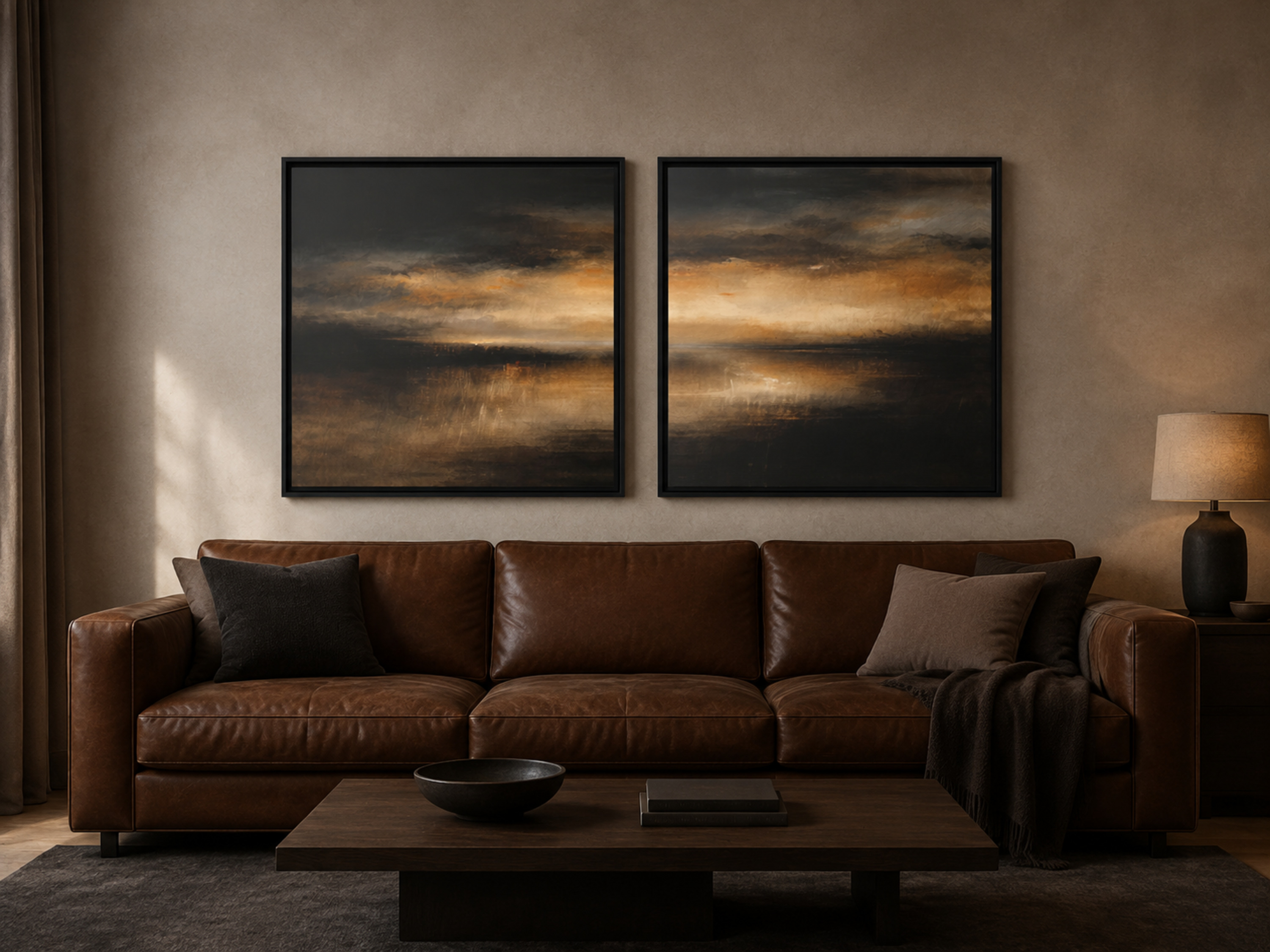 Between Storms · Diptych displayed in a styled interior