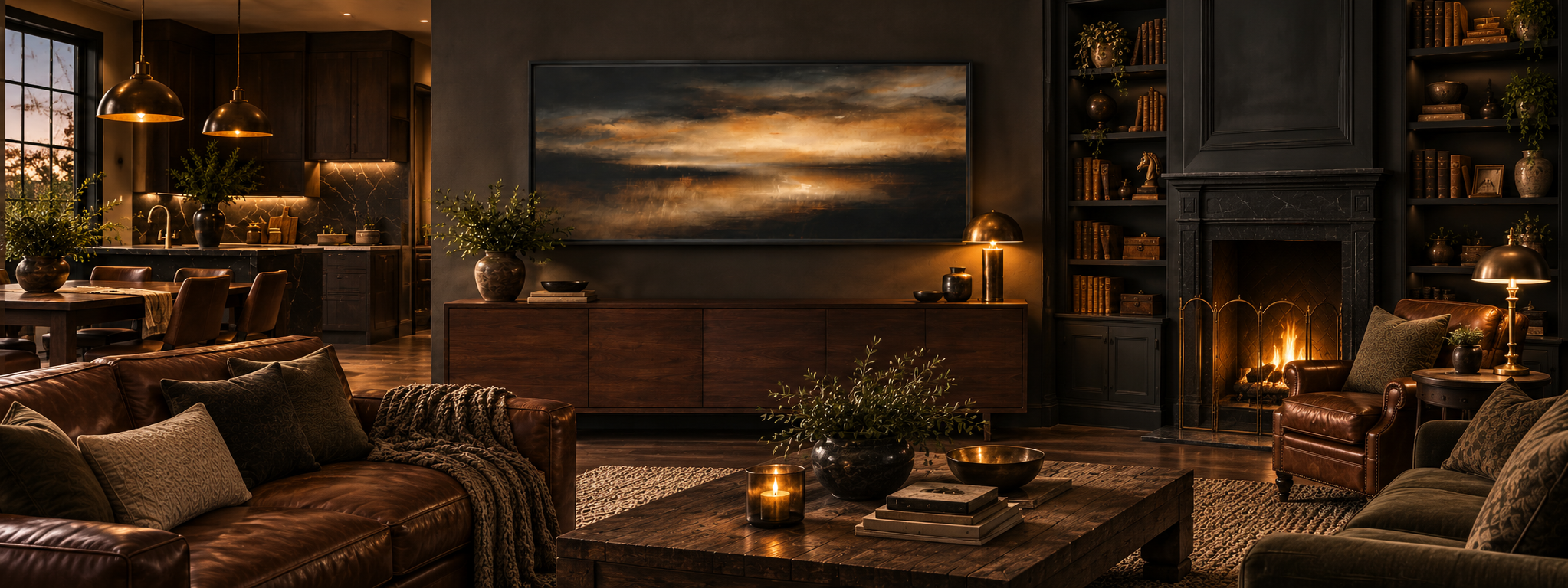 Between Storms in a warm, dramatic interior with walnut, leather and brass