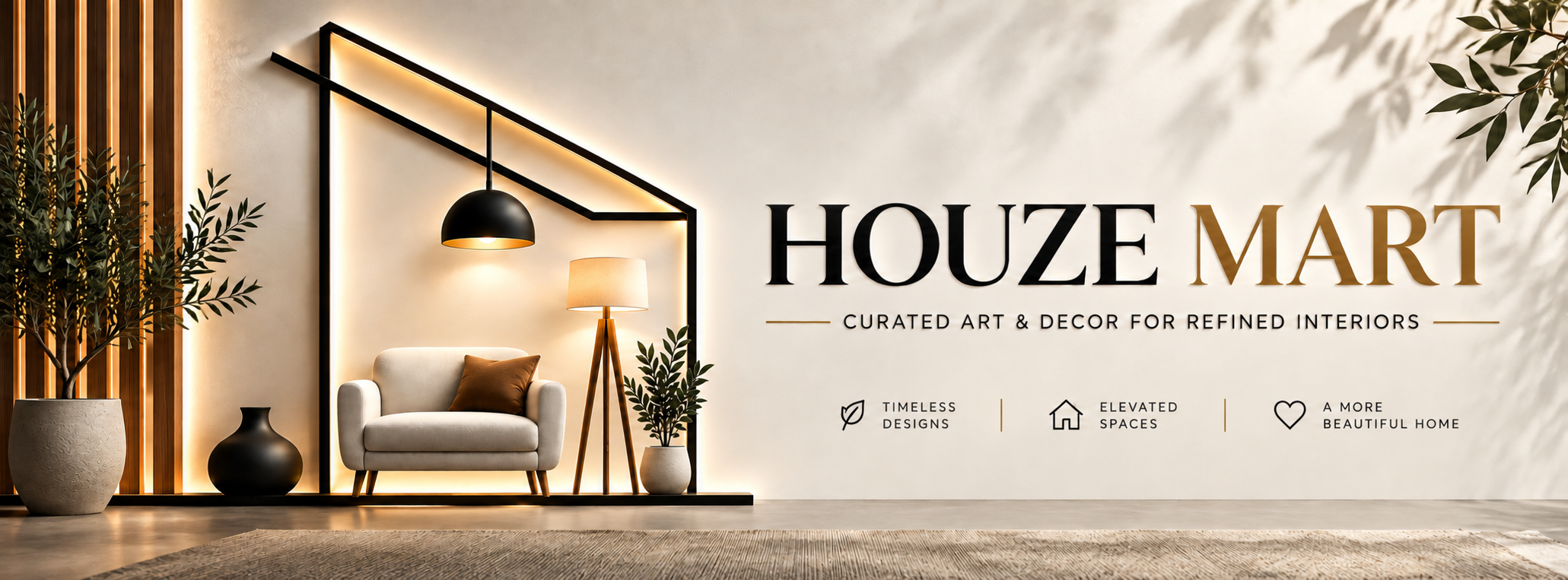 Houze Mart — Curated Art & Decor for Refined Interiors. A warm ivory room with black architectural details, walnut accents, brass lighting and greenery.