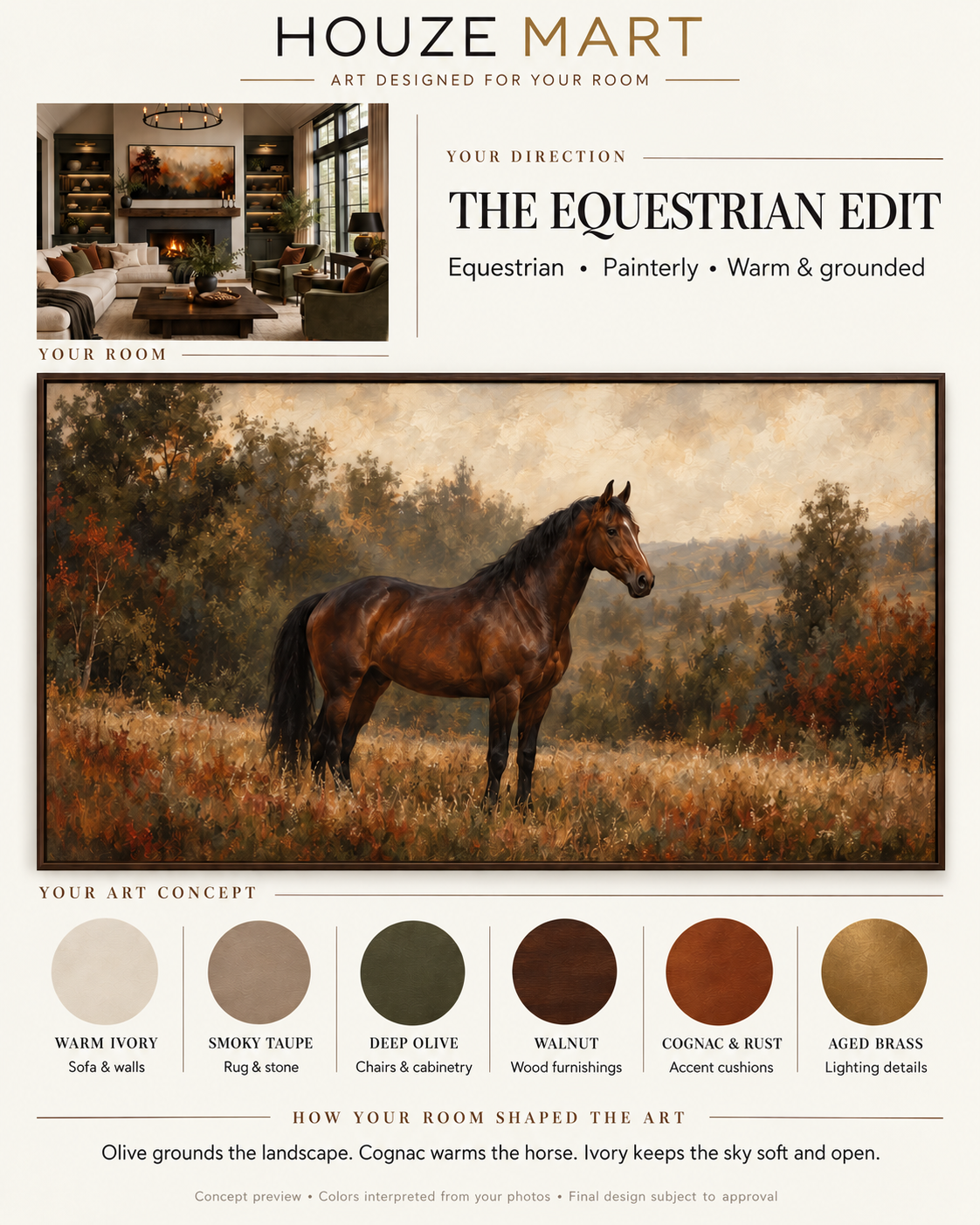 HouzeMart equestrian concept board showing a room, coordinated artwork and its color palette